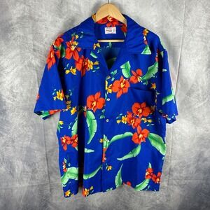 60s Barefoot Trader Mens Hawaiian Shirt Blue Floral Tropical Made in Hawaii XL